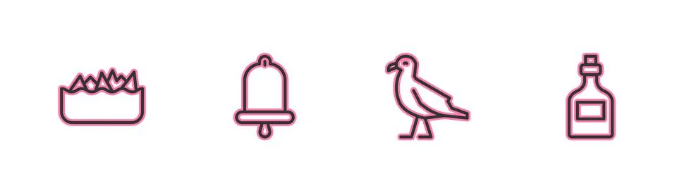 Set line Sharp stone reefs, Bird seagull, Ship bell and Rum bottle icon. Vector Stock Illustration