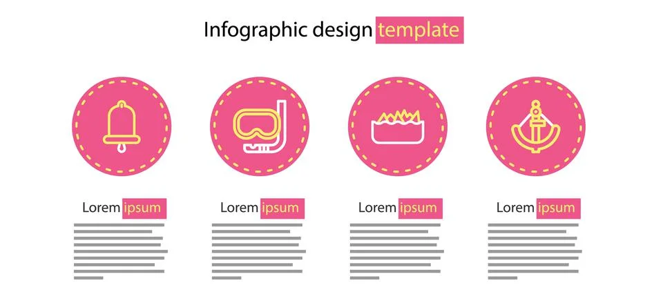 Set line Sharp stone reefs, Anchor, Diving mask and snorkel and Ship bell icon Stock Illustration