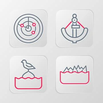 Set line Sharp stone reefs, Seagull sits buoy, Anchor and Radar with targets  Stock Illustration