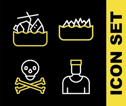 Set line Sharp stone reefs, Sailor captain, Skull crossbones and Sinking cruise Stock Illustration
