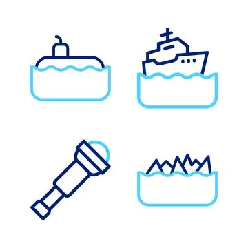 Set line Sharp stone reefs, Spyglass telescope lens, Cruise ship and Submar.. Stock Illustration