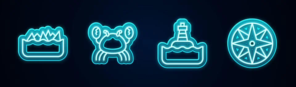 Set line Sharp stone reefs, Crab, Floating buoy and Wind rose. Glowing neon.. Stock Illustration