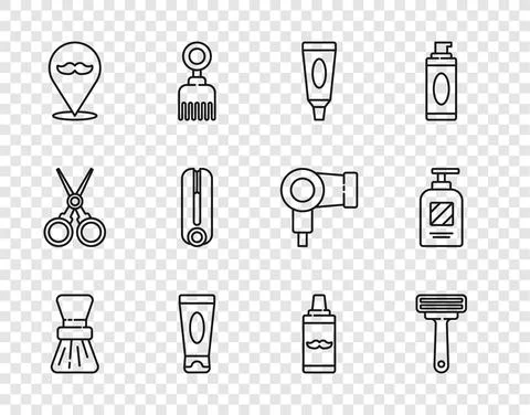 Set line Shaving brush, razor, Cream lotion cosmetic tube, Barbershop, Curling Stock Illustration