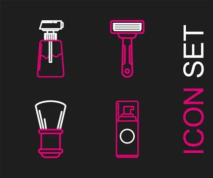 Set line Shaving gel foam, brush, razor and Cream lotion cosmetic tube icon Illustration