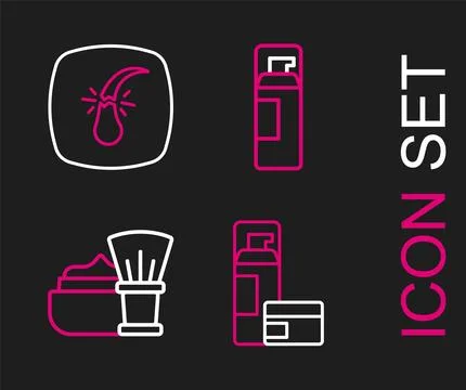 Set line Shaving gel foam, brush with,  and Broken hair follicle icon. Vector Stock Illustration