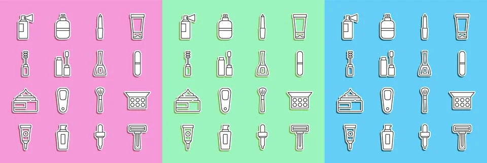 Set line Shaving razor, Makeup powder with mirror, Nail file, Mascara brush Stock Illustration