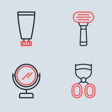 Set line Shaving razor, Round makeup mirror, Eyelash curler and Cream lotio.. Illustration