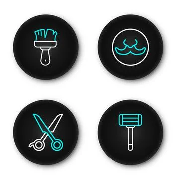 Set line Shaving razor, Scissors hairdresser, Mustache and brush icon. Vector 스톡 일러스트
