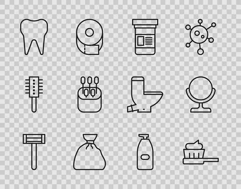 Set line Shaving razor, Toothbrush with toothpaste, Medicine bottle, Garbage bag Illustrazione stock