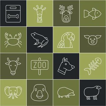 Set line Sheep, Fish skeleton, Pig, Deer head with antlers, Frog, Crab, Dog bone 스톡 일러스트