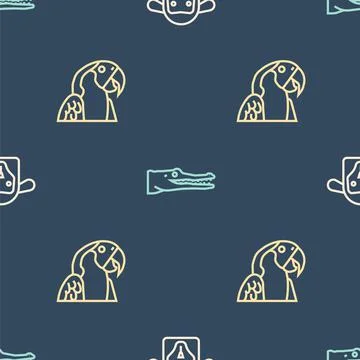 Set line Sheep head, Macaw parrot and Crocodile on seamless pattern. Vector Stock Illustration