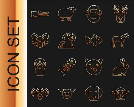Set line Sheep head, Rabbit, Horse, Monkey, Macaw parrot, Rat, Crocodile an.. Illustrazione stock