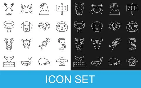 Set line Sheep head, Worm, Owl bird, Eagle, Dog, Collar with name tag, Hippo  Stock Illustration