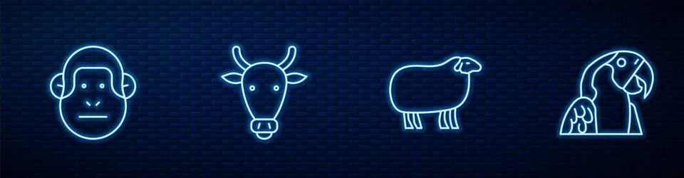 Set line Sheep, Monkey, Cow head and Macaw parrot. Glowing neon icon on brick Stock Illustration