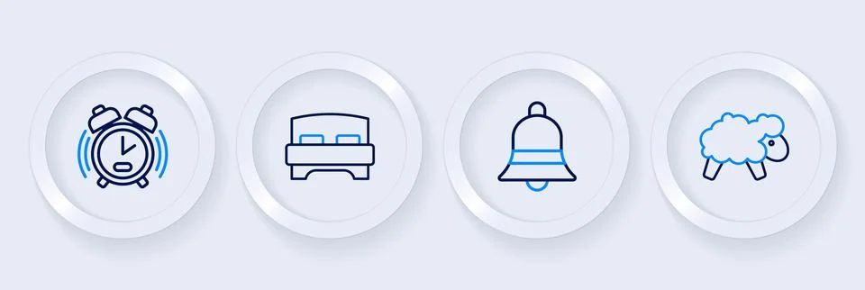 Set line Sheep, Ringing bell, Big bed and Alarm clock icon. Vector 스톡 일러스트