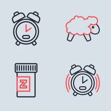 Set line Sheep, Sleeping pill, Alarm clock and  icon. Vector イラスト素材