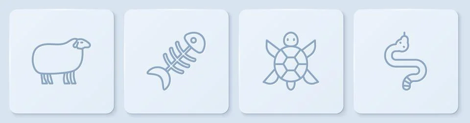 Set line Sheep, Turtle, Fish skeleton and Snake. White square button. Vector Stock Illustration