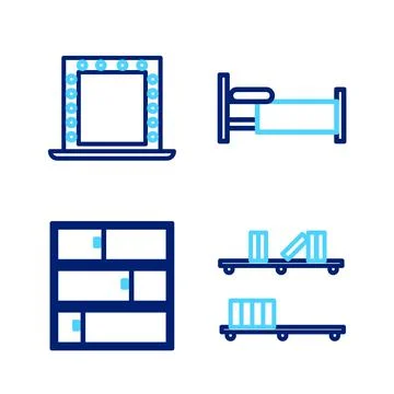 Set line Shelf with books, Bed and Makeup mirror lights icon. Vector Stock Illustration