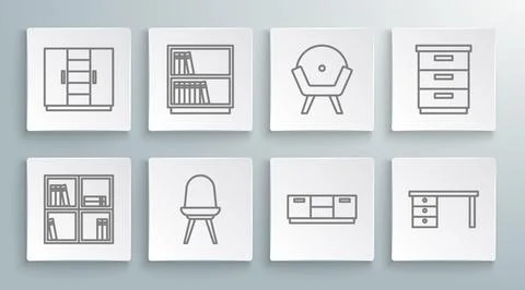 Set line Shelf with books, Library bookshelf, Chair, Furniture nightstand, .. Stock Illustration