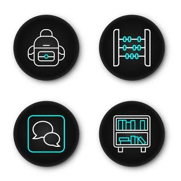 Set line Shelf with books, Speech bubble chat, Abacus and School backpack i.. Stock Illustration