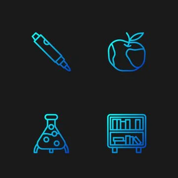 Set line Shelf with books, Test tube and flask, Marker pen and Apple. Gradient Stock Illustration