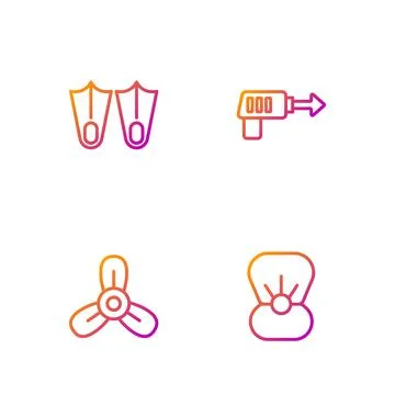 Set line Shell with pearl, Boat propeller, turbine, Rubber flippers and Fishing Illustration