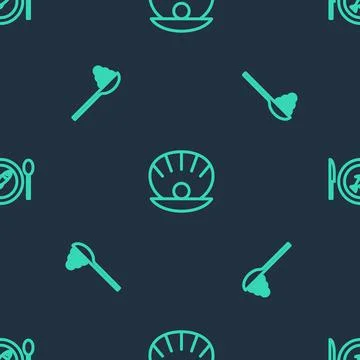 Set line Shell with pearl, Caviar on spoon and Served fish plate on seamless  Stock Illustration