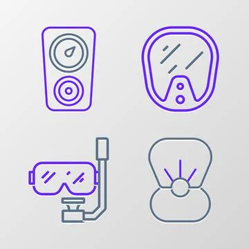 Set line Shell with pearl, Diving mask and snorkel, and Gauge scale icon. Vector 스톡 일러스트