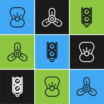 Set line Shell with pearl, Gauge scale and Boat propeller, turbine icon. Vector 스톡 일러스트