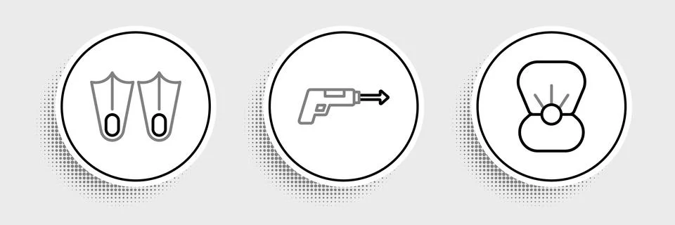 Set line Shell with pearl, Rubber flippers and Fishing harpoon icon. Vector Stock Illustration
