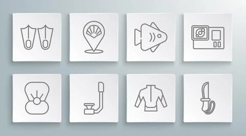 Set line Shell with pearl, Scallop sea shell, Snorkel, Wetsuit, Knife, Fish.. Illustrazione stock