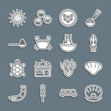 Set line Shell with pearl, Scallop sea shell, Octopus, Caviar on plate, Cra.. Stock Illustration