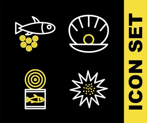 Set line Shell with pearl, Sea urchin, Canned fish and Fish caviar icon. Vector Stock Illustration