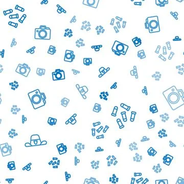 Set line Sheriff hat with badge, Bullet and Photo camera on seamless pattern Stockillustratie