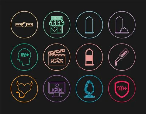 Set line Shield with 18 plus, Spanking paddle, Condom safe sex, Movie clapper Ilustración de archivo