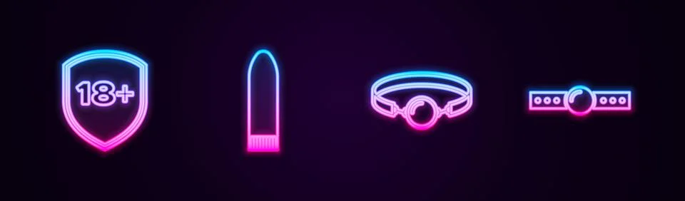 Set line Shield with 18 plus, Dildo vibrator, Silicone ball gag and . Glowing Stock Illustration