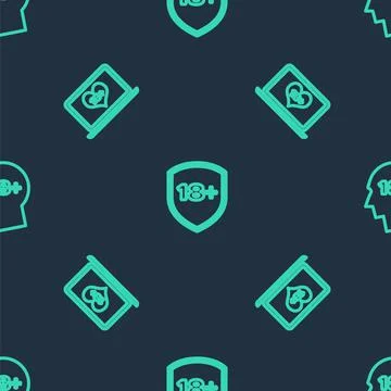 Set line Shield with 18 plus, Laptop content and Head on seamless pattern. Ve Illustrazione stock