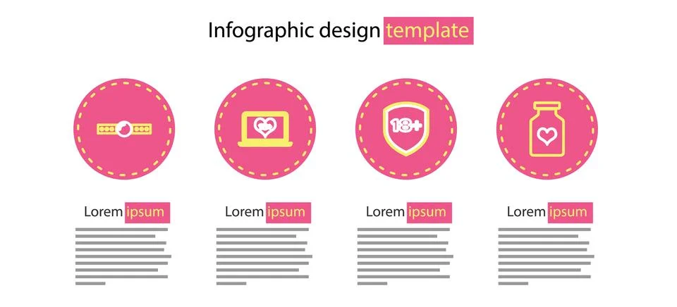 Set line Shield with 18 plus, Bottle pills for potency, Laptop content and Stock Illustration