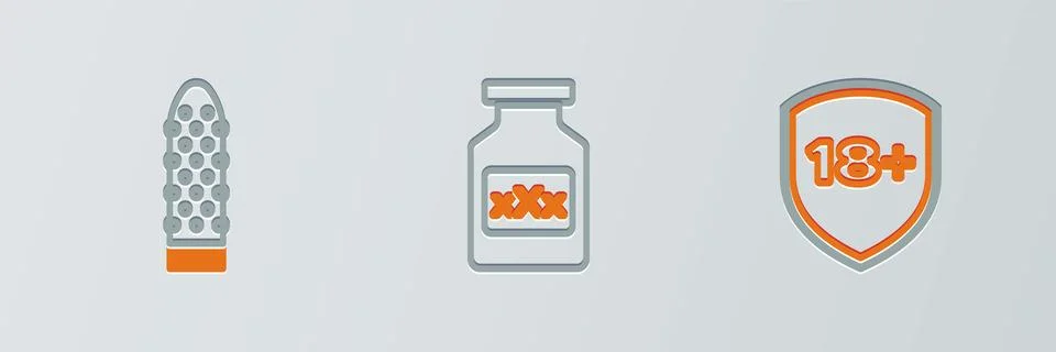 Set line Shield with 18 plus Dildo vibrator and Bottle pills for potency icon Stock Illustration