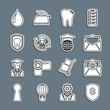 Set line Shield and dollar, Mail e-mail, Broken tooth, Human resources, Dental Illustration