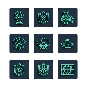 Set line Shield and eye, System bug, with brick wall, Cyber security, on cloud 스톡 일러스트