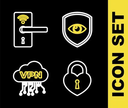 Set line Shield and eye, Castle in the shape of heart, Cloud VPN interface an イラスト素材