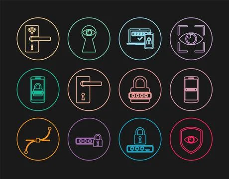 Set line Shield and eye, Mobile password, Two steps authentication, Door handle Stock Illustration