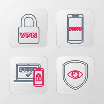 Set line Shield and eye, Two steps authentication, Mobile password and Lock.. Stock Illustration
