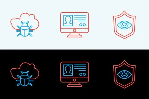 Set line Shield and eye, System bug on cloud and Create account screen icon.. Stock Illustration