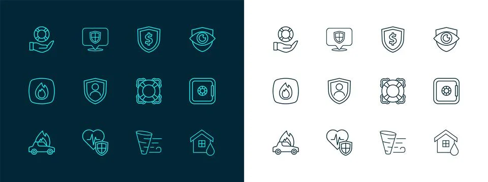 Set line Shield and eye, Life insurance with shield, Lifebuoy, Tornado, dol.. Stock Illustration