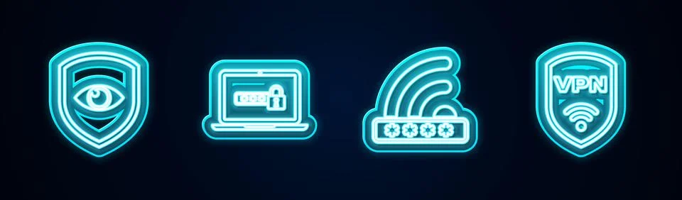 Set line Shield and eye, Laptop with password, Wifi locked and VPN wireless.  Stock Illustration