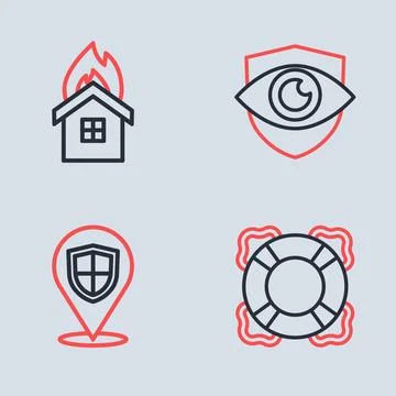 Set line Shield and eye, Location shield, Lifebuoy and Fire in burning hous.. Stock Illustration
