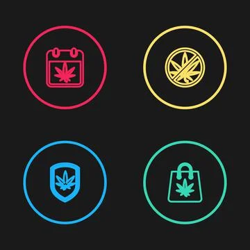 Set line Shield and marijuana, Shopping bag of, Stop and Calendar icon. Vector Stock Illustration
