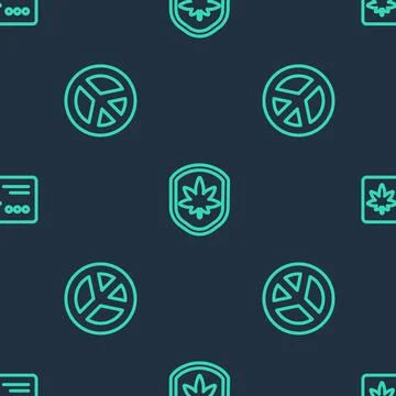 Set line Shield and marijuana leaf, Peace and Calendar on seamless pattern Stockillustratie